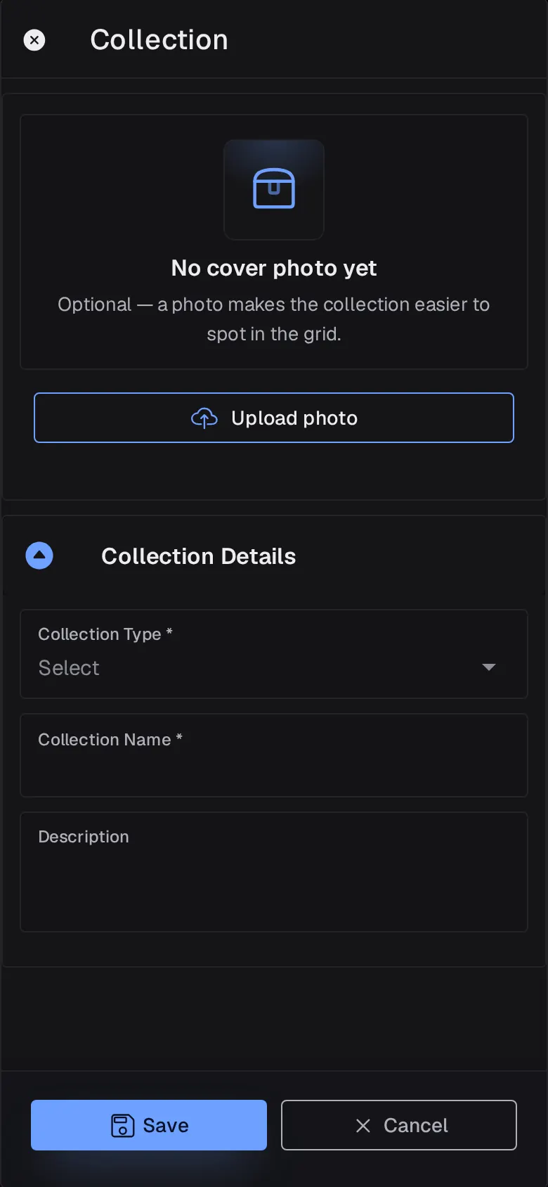The new collection sheet with cover photo, Collection Type, Collection Name and Description