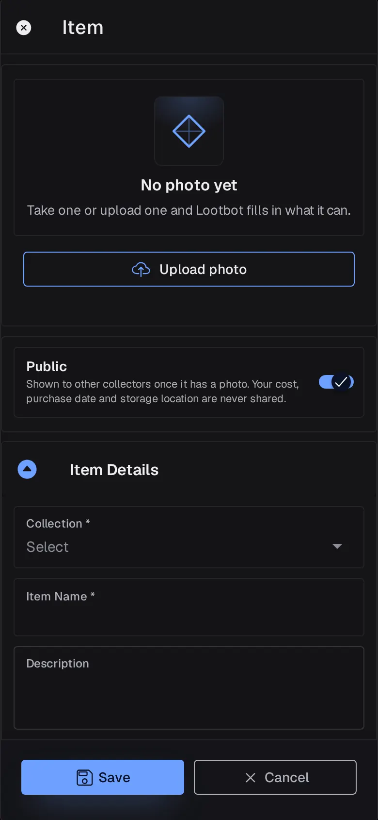 The empty new item sheet in Lootero with the photo area, Public switch and Item Details