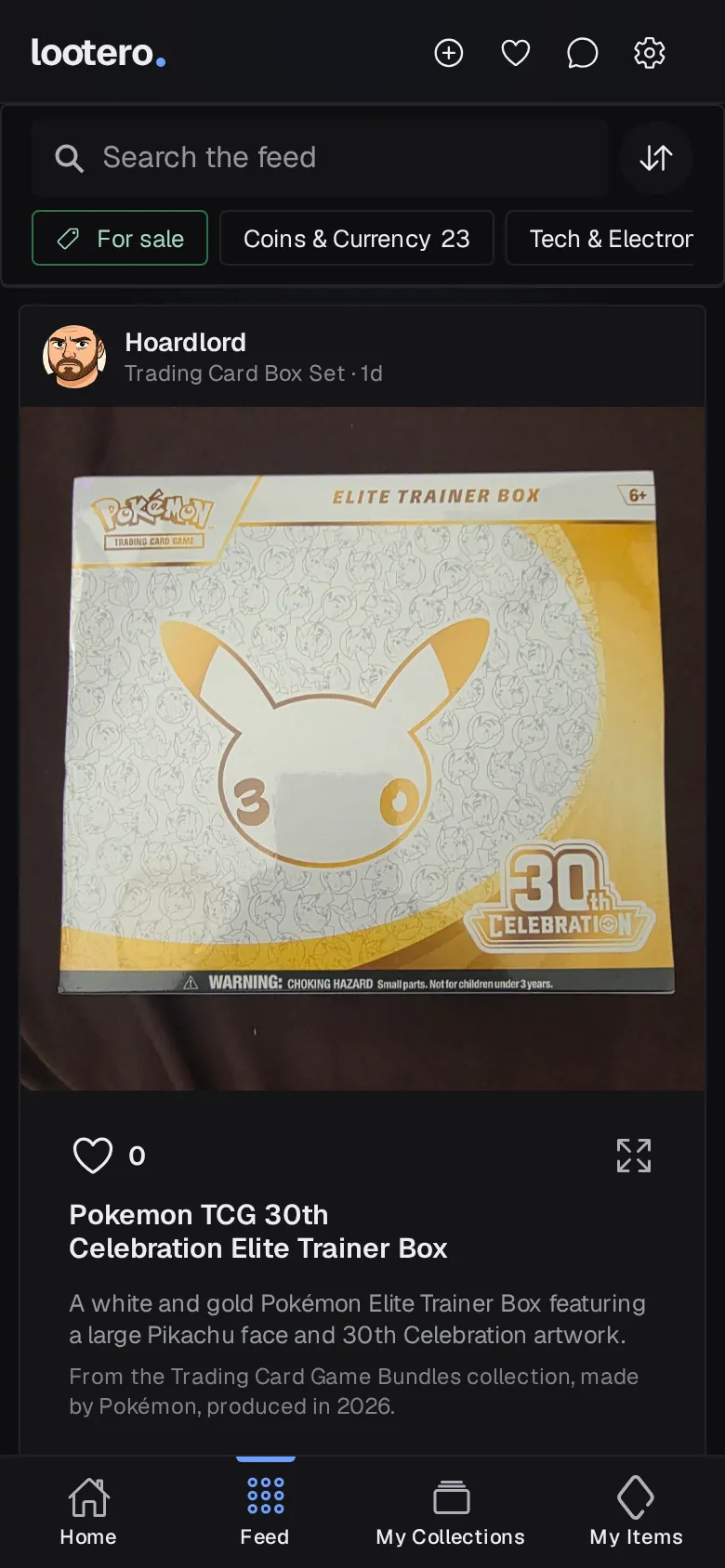 Lootero's Collector's Feed showing a Pokémon TCG 30th Celebration Elite Trainer Box