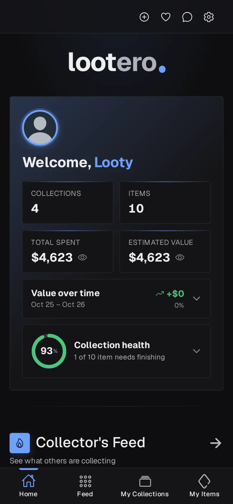 The Lootero Home screen showing collections, items, total spent and estimated value