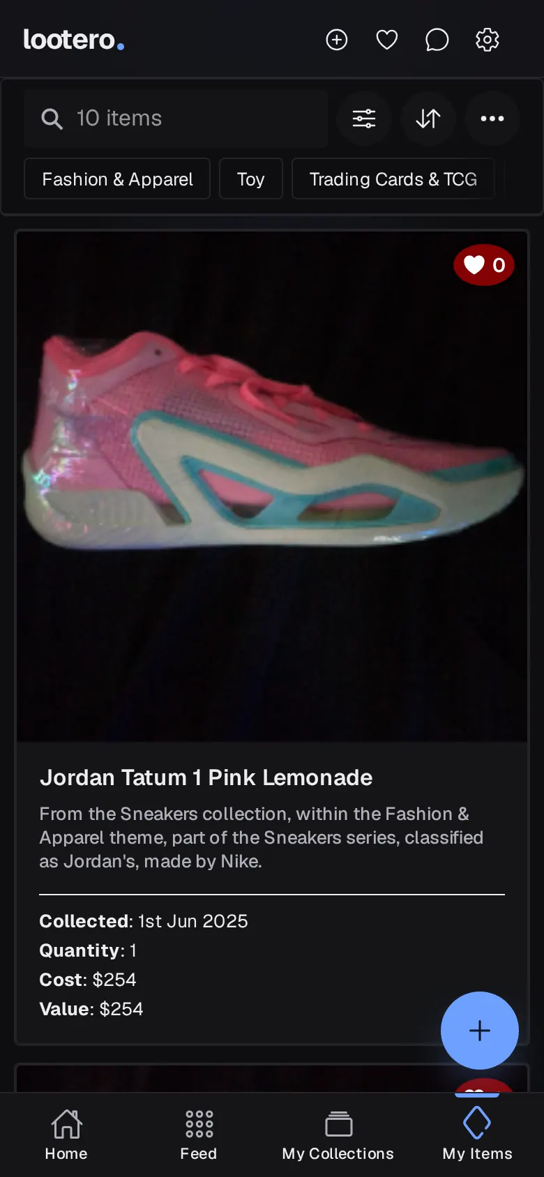 Lootero's My Items tab showing a pair of Jordan sneakers with collected date, quantity, cost and value