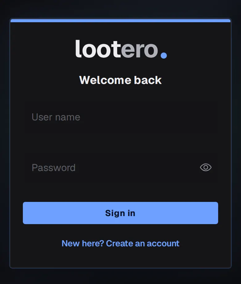 The Lootero Welcome back sign-in screen