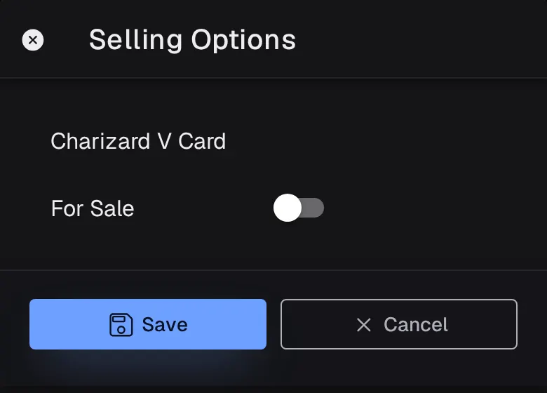 Lootero's Selling Options sheet with the For Sale switch and Save and Cancel buttons