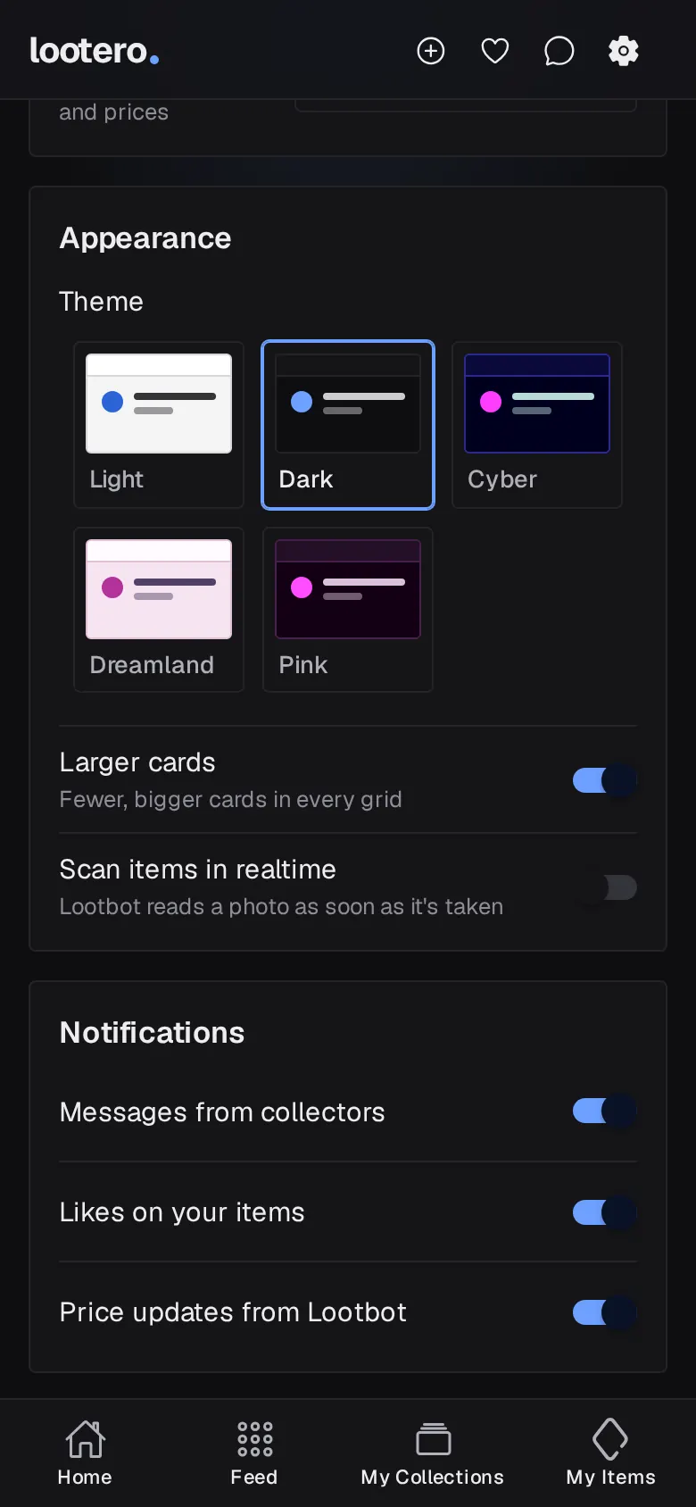 Lootero's Appearance settings showing the Light, Dark, Cyber, Dreamland and Pink themes