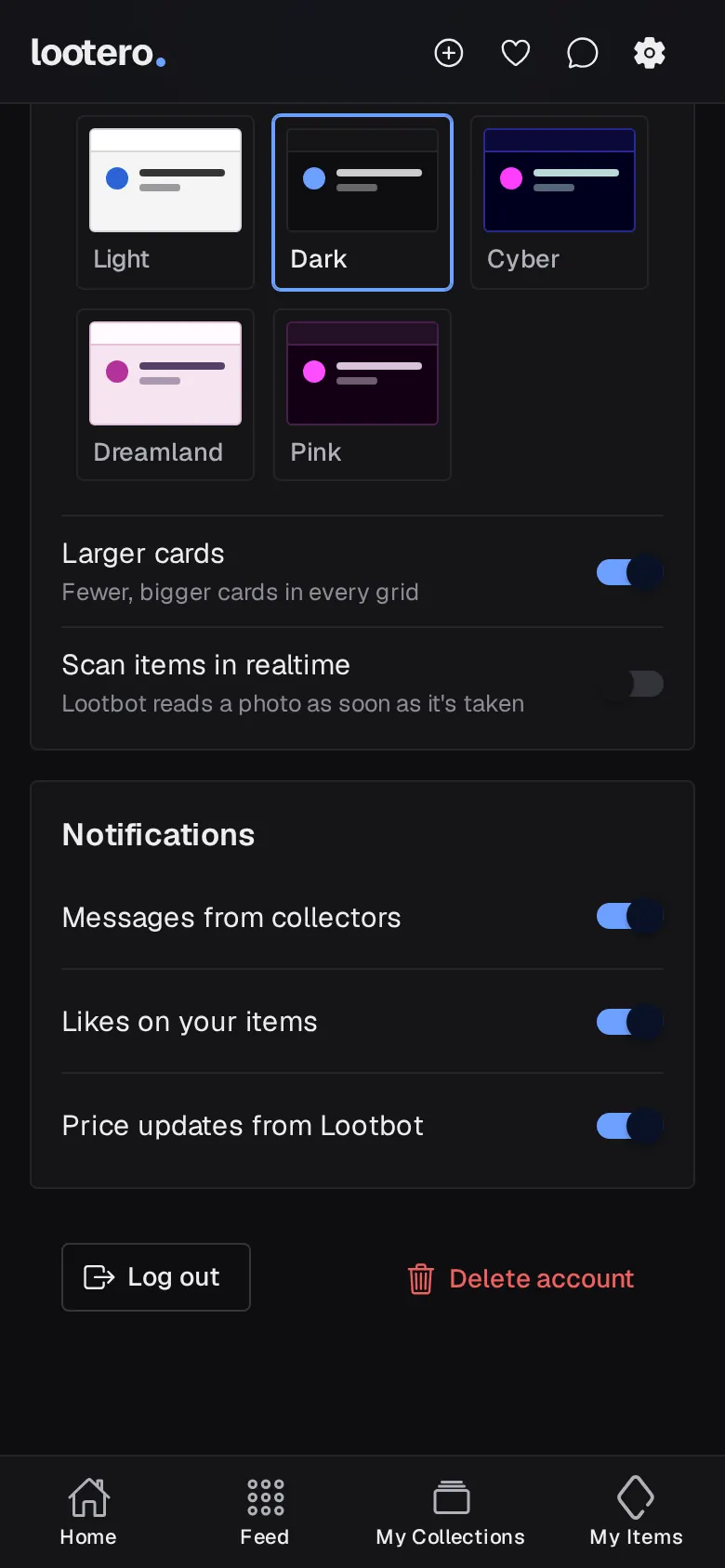 Lootero notification settings for messages, likes and price updates, with Log out and Delete account