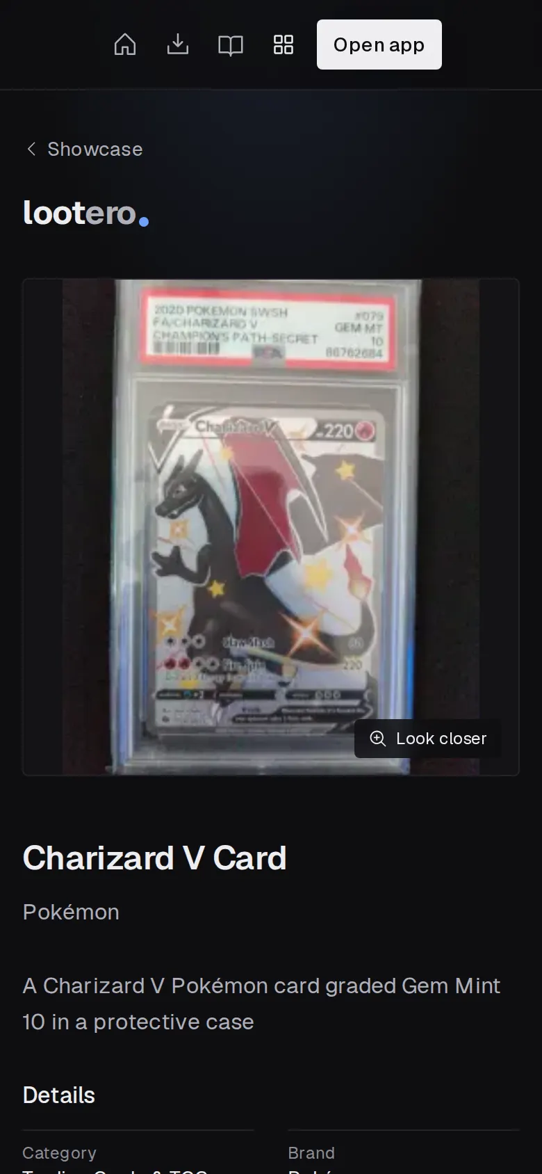 A shared Lootero item page for a PSA 10 Charizard V card, as anyone with the link sees it