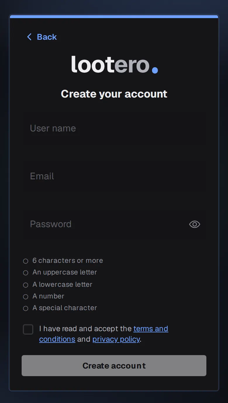 The Lootero Create your account screen with user name, email and password fields and the password checklist