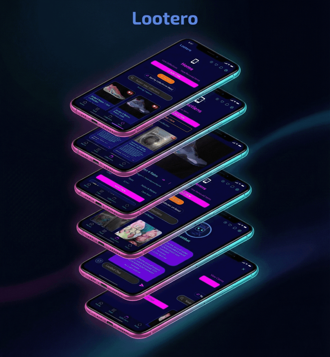 Lootero app screenshots showing collection cataloguing